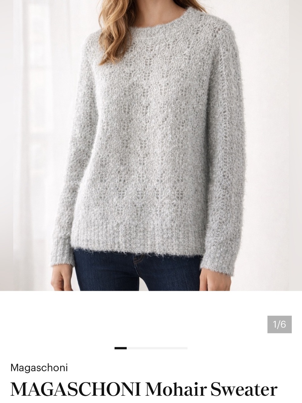 Magaschoni Mohair Sweater Silver Gray Crewneck Fuzzy Knit Size S NWT